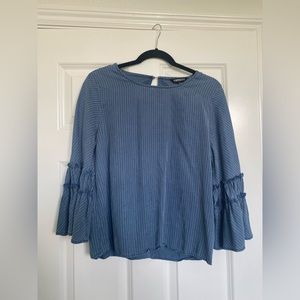 Navy blue pinstriped trumpet sleeve blouse